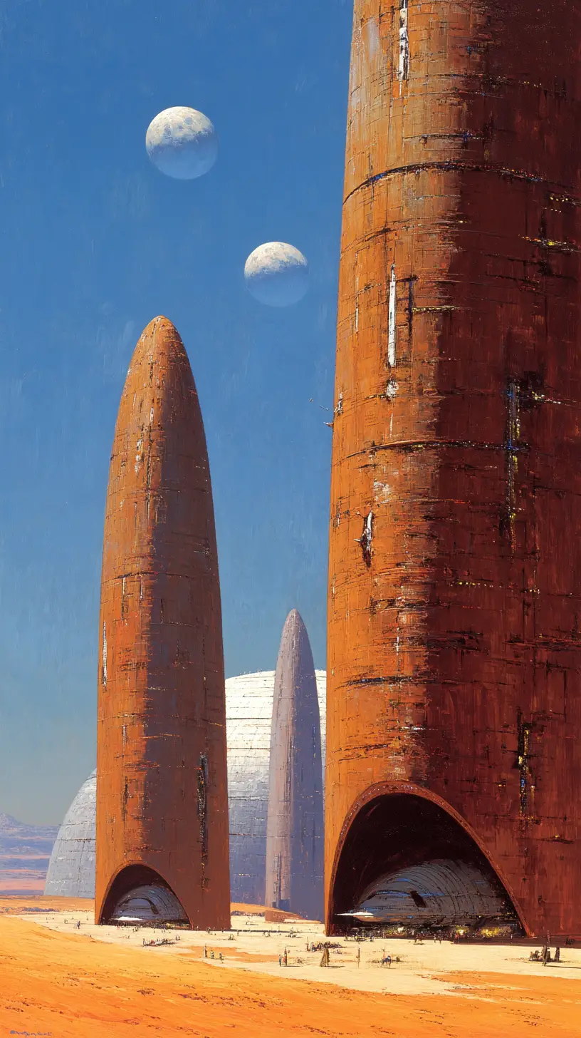 Colossal alien monoliths rising from rust red desert plains