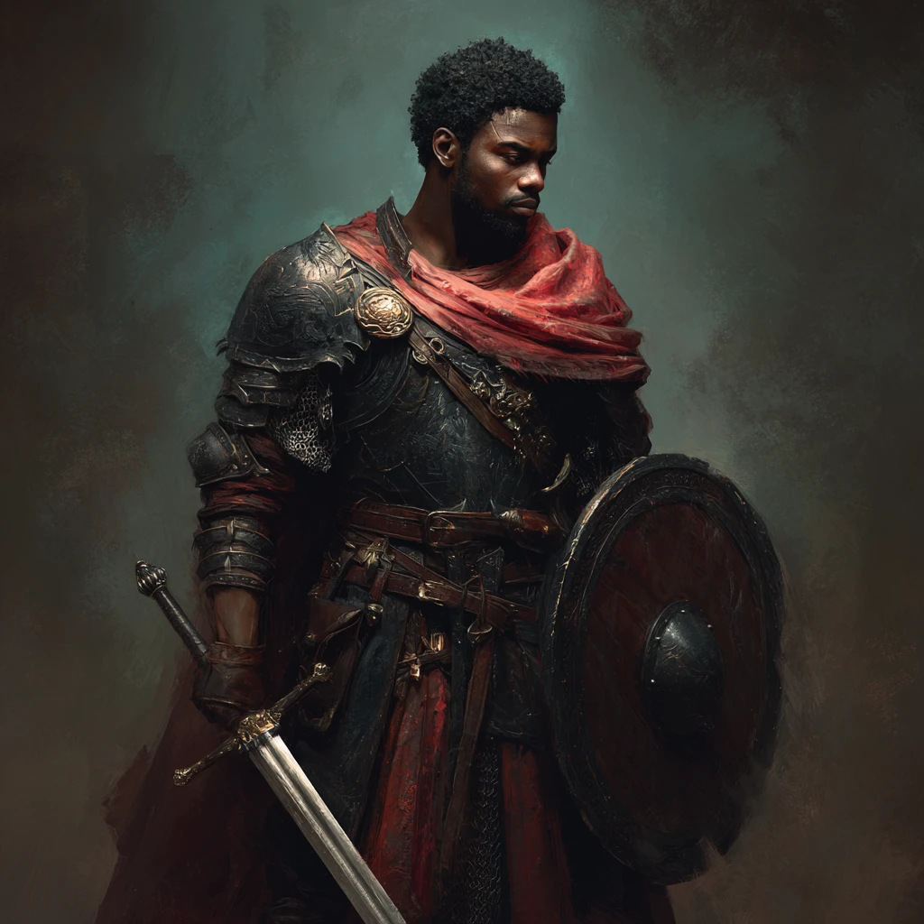 Chevalier de fantasy à la peau sombre avec épée et bouclier