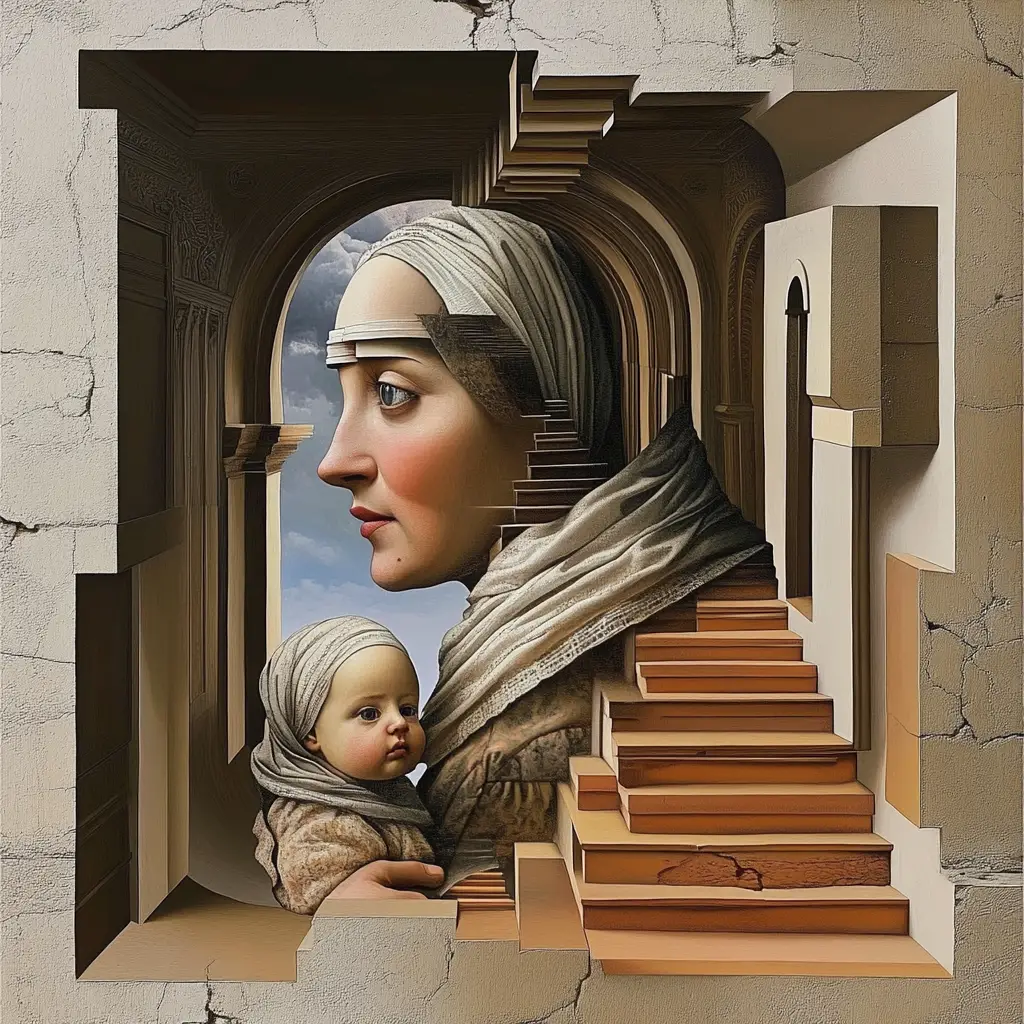 Surreale Illusion einer Mutter und eines Kindes in wandelbaren Formen