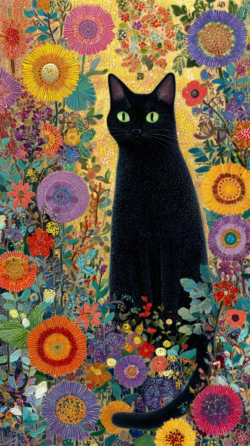 Gato preto em um jardim de flores colorido - pintura