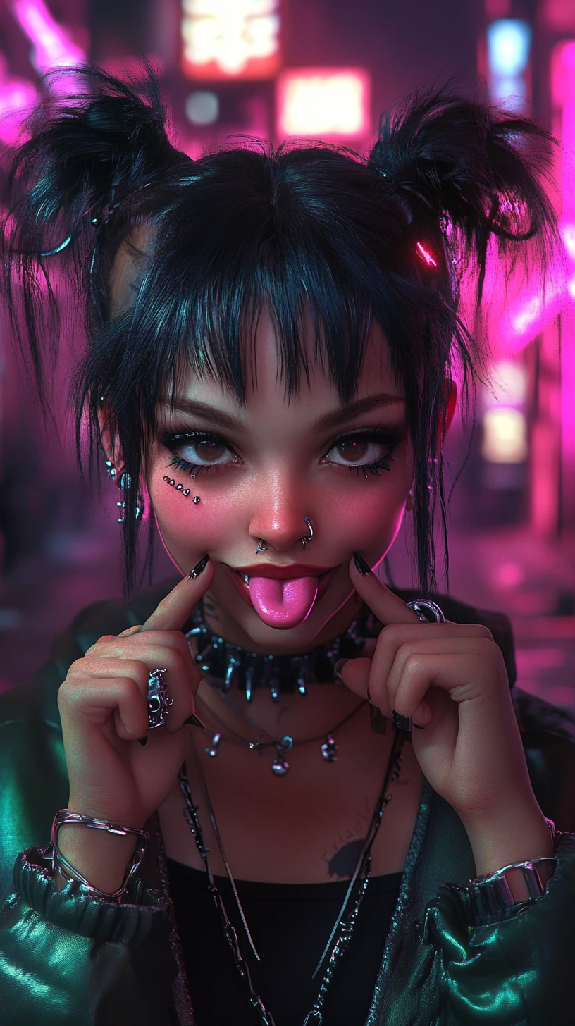 Mulher punk gótica posando em rua neon cyberpunk