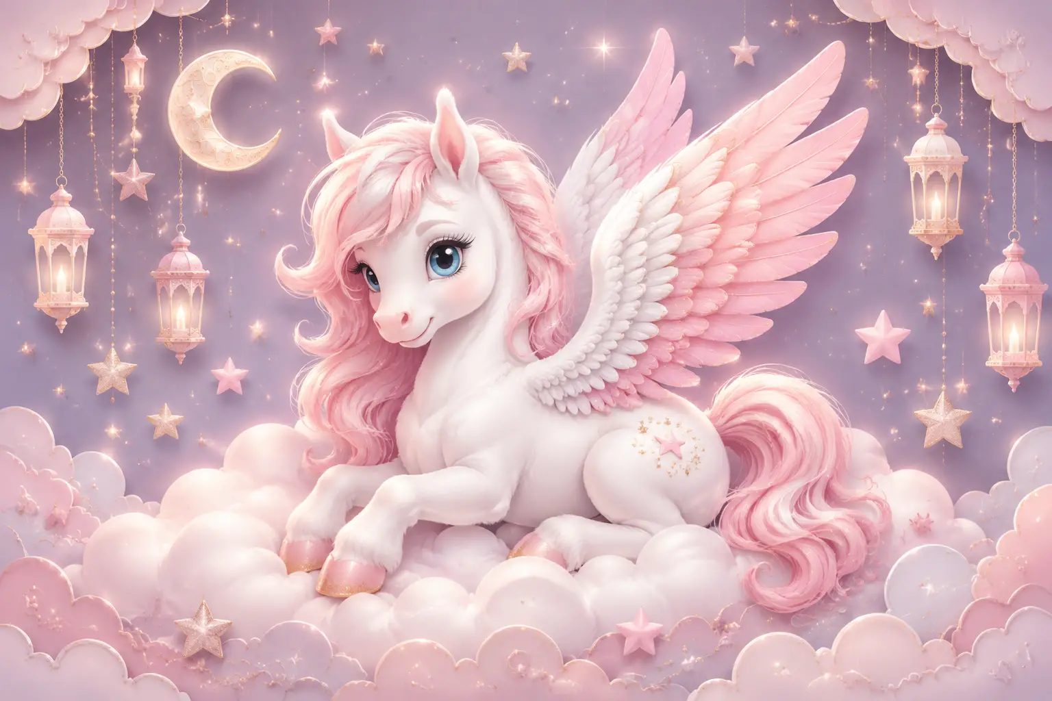 Baby-Pegasus auf pastellfarbenen Wolken mit leuchtenden Sternen