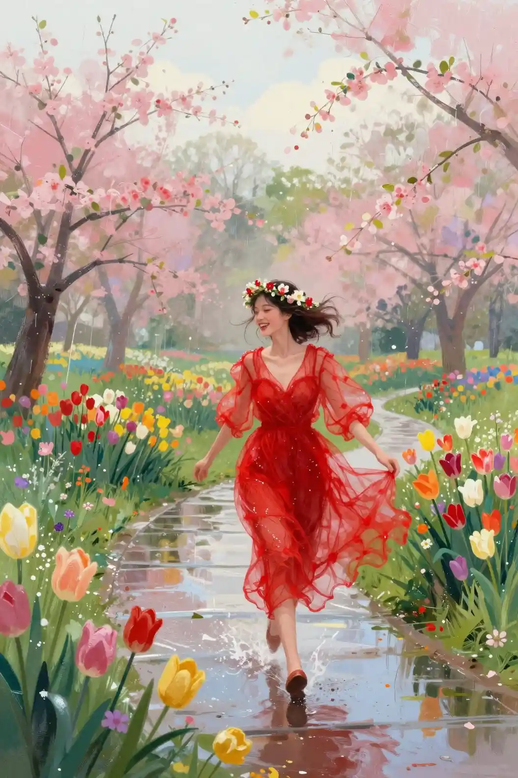 Joyful girl in red dress walking through spring flower park
