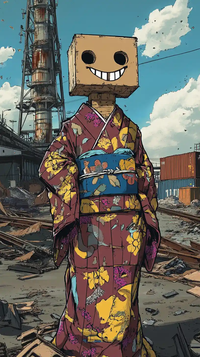 Playful Cardboard Fighter In Colorful Kimono Illustration