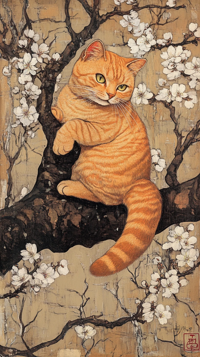 Gato laranja de desenho animado pulando com uma cavala