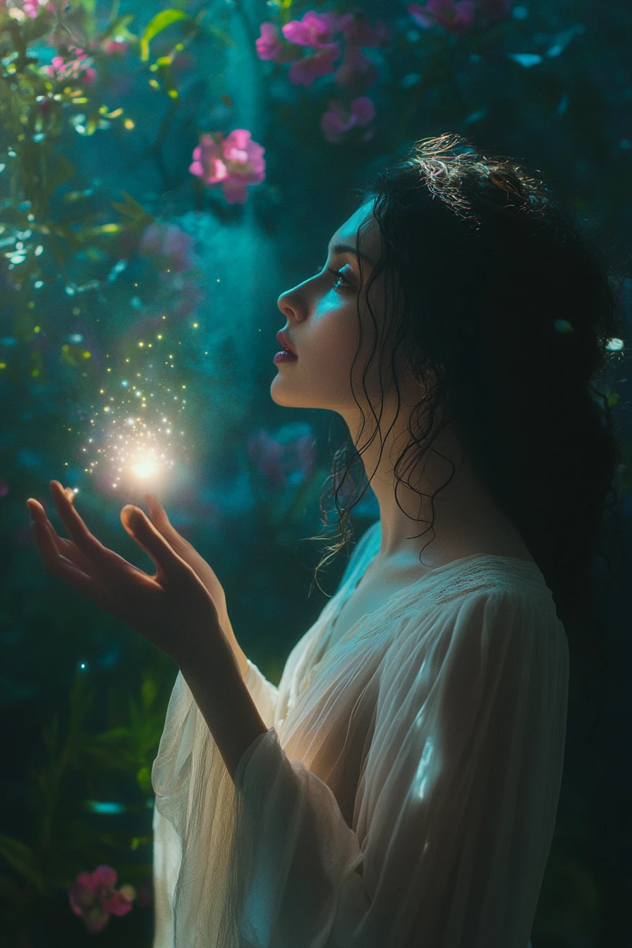 Mulher segurando luz brilhante entre flores delicadas à noite