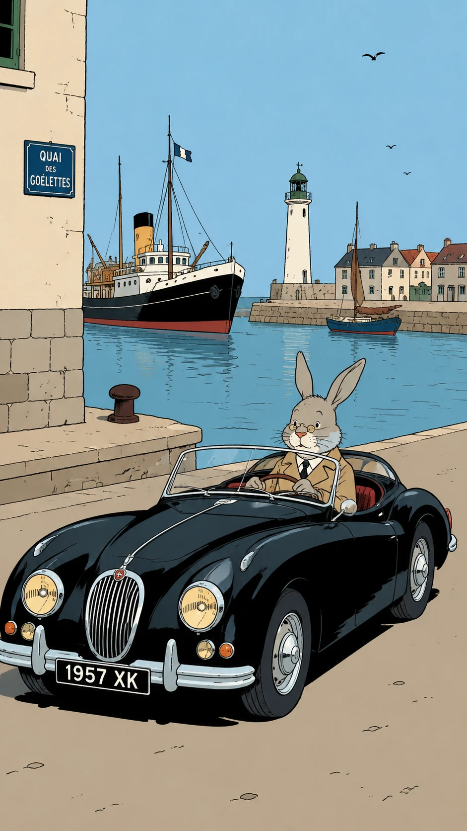 Alter Hase fährt Oldtimer durch ruhigen Hafen