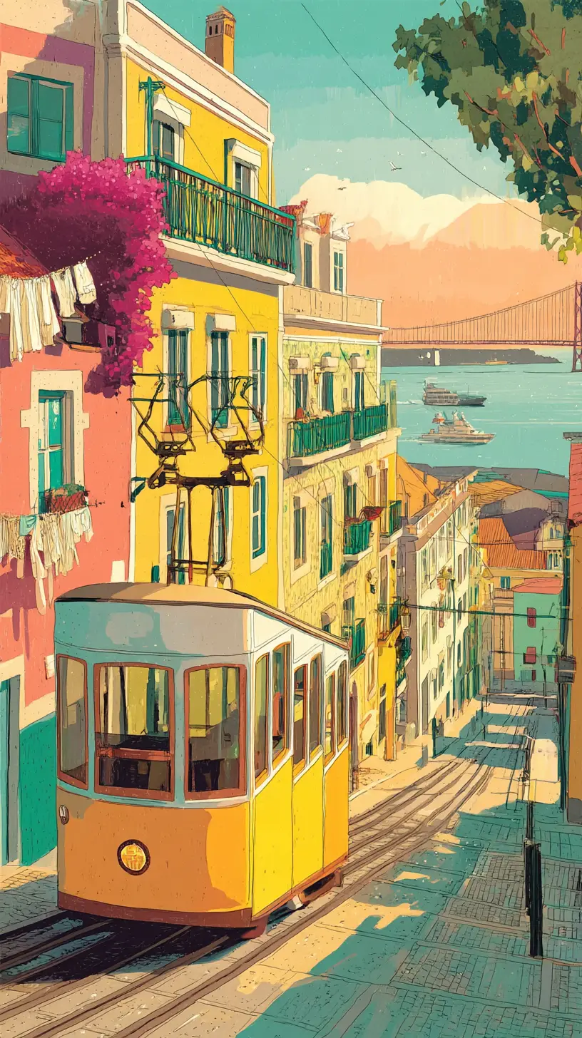Lisbon tram on pastel city street at golden hour