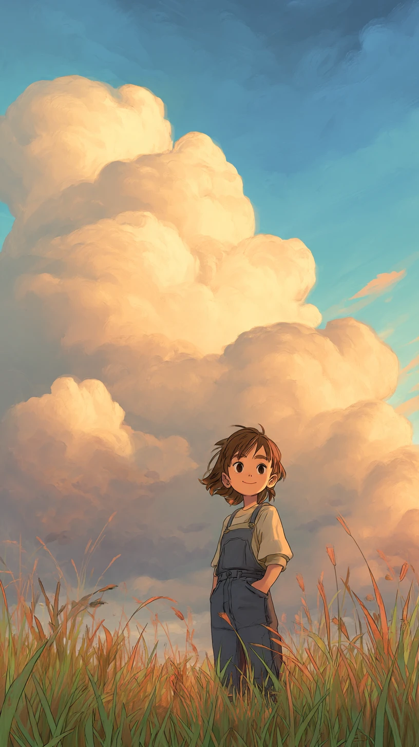 Jeune fille souriante dans un champ herbeux avec des nuages lumineux