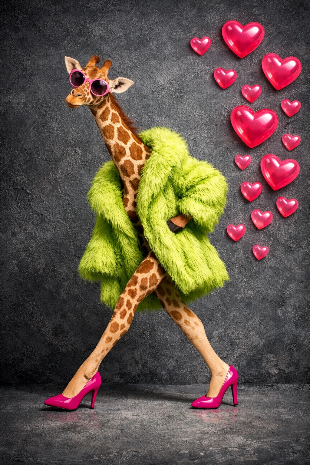 Fashionable giraffe in green fur coat with pink hearts