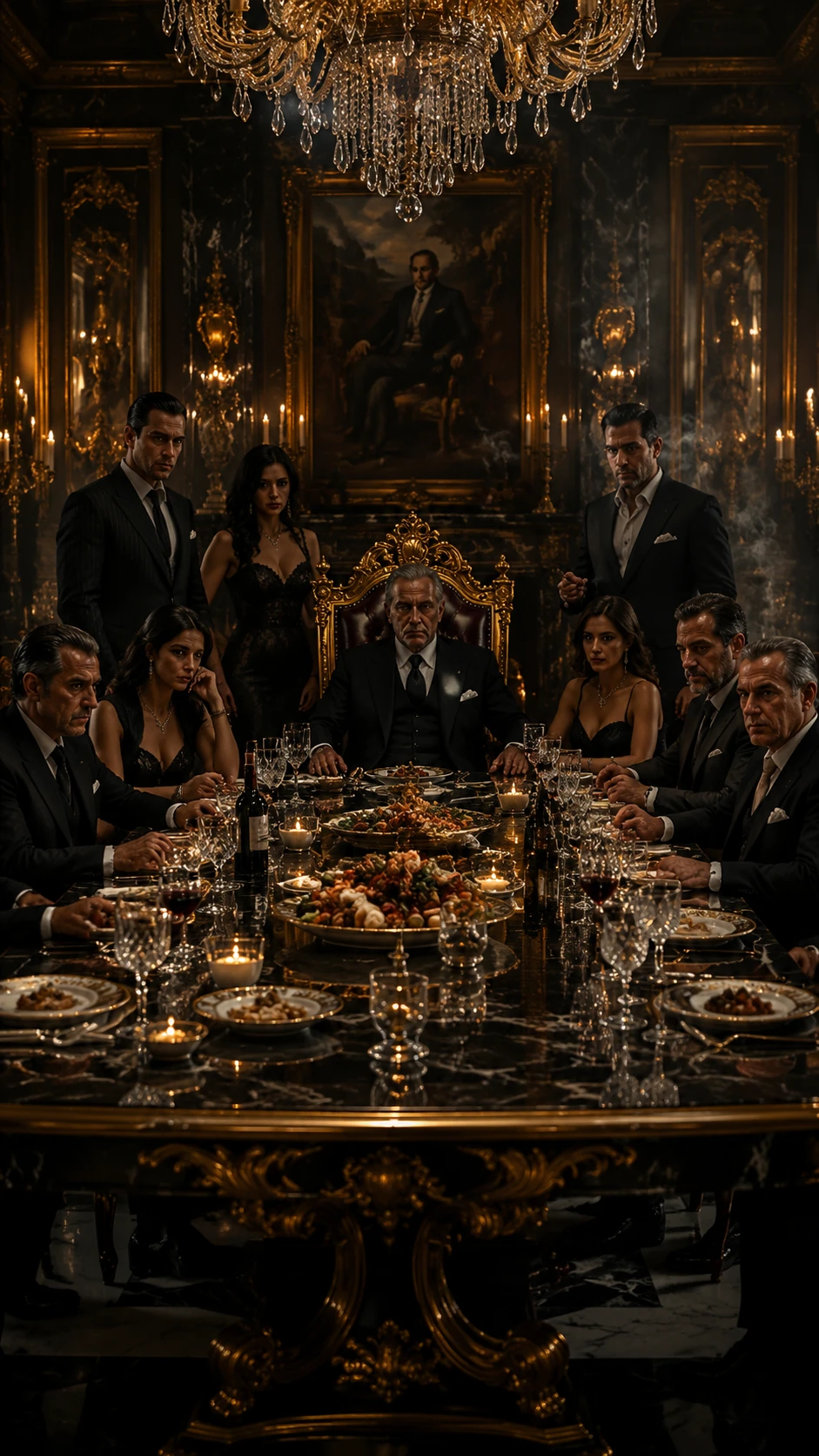 Mafia boss at black marble table in luxury mansion