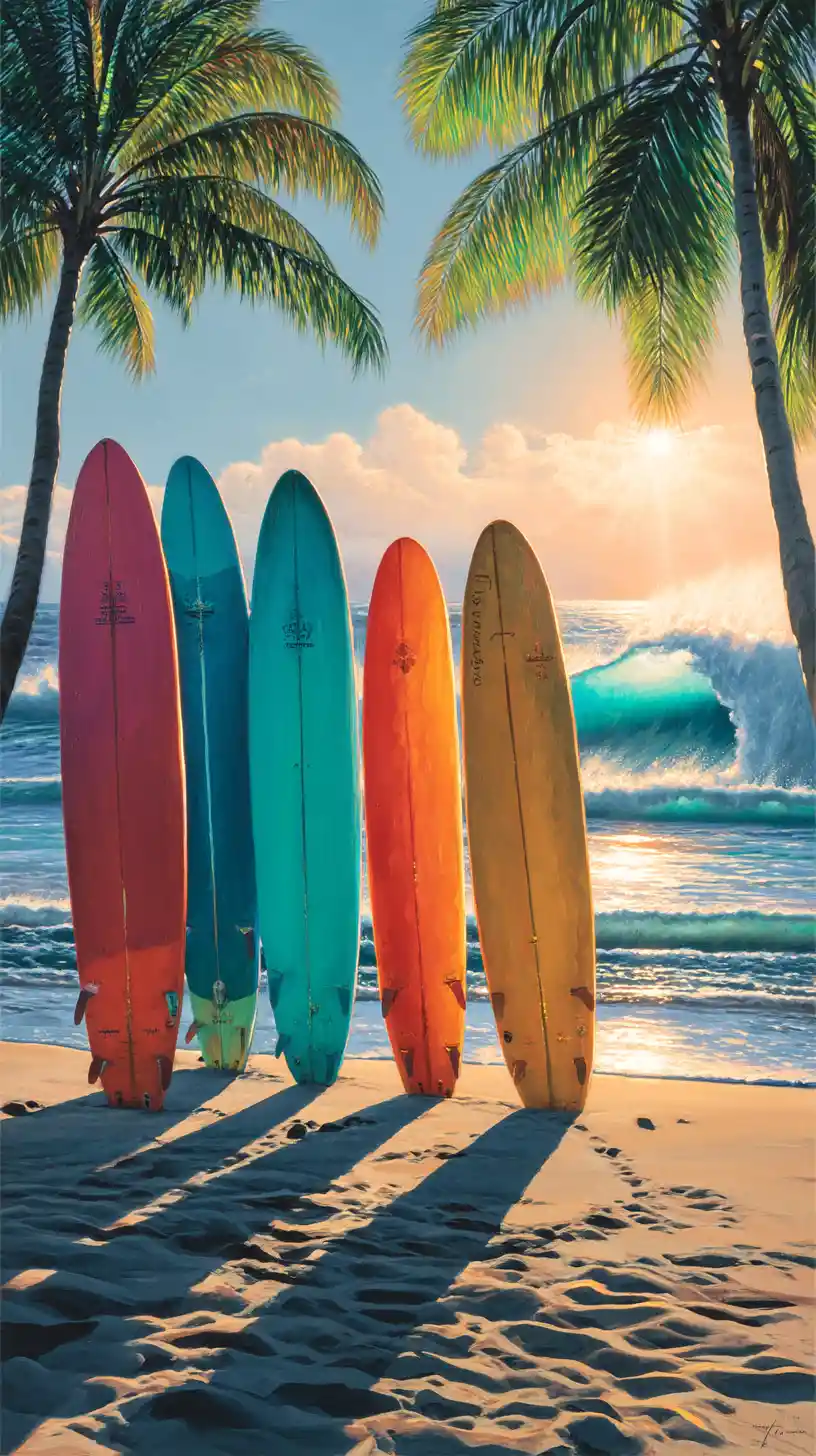 Colorful surfboards on a tropical beach at golden hour