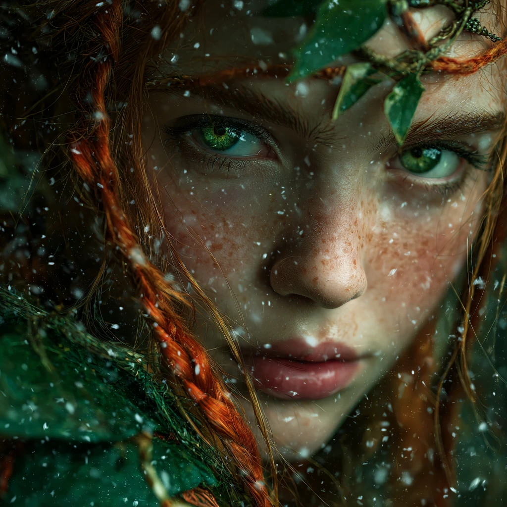 Druida elfa ruiva com olhos verdes e magia das fadas