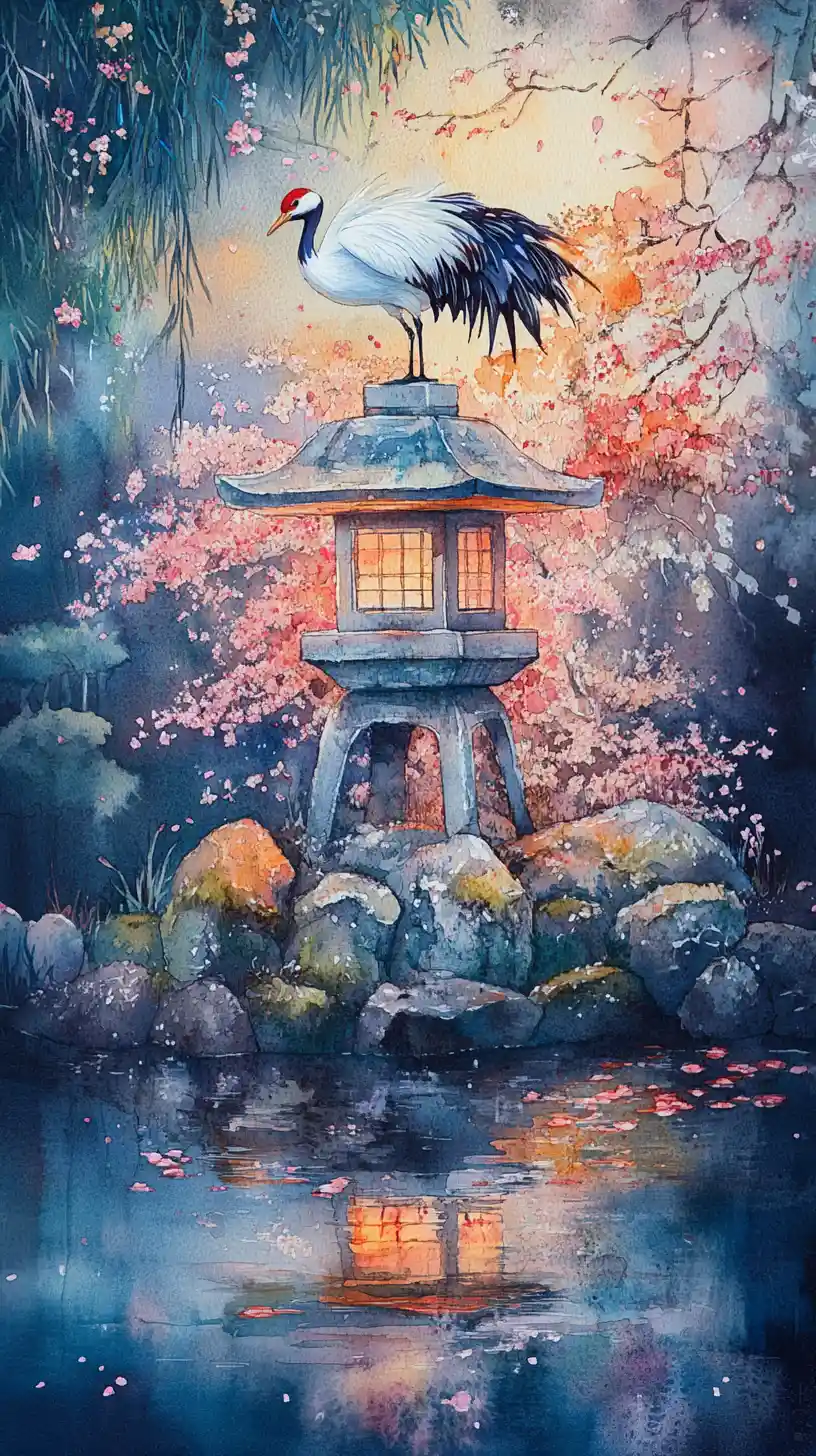 Serene Japanese Garden With Crane And Lantern Lit Koi Pond