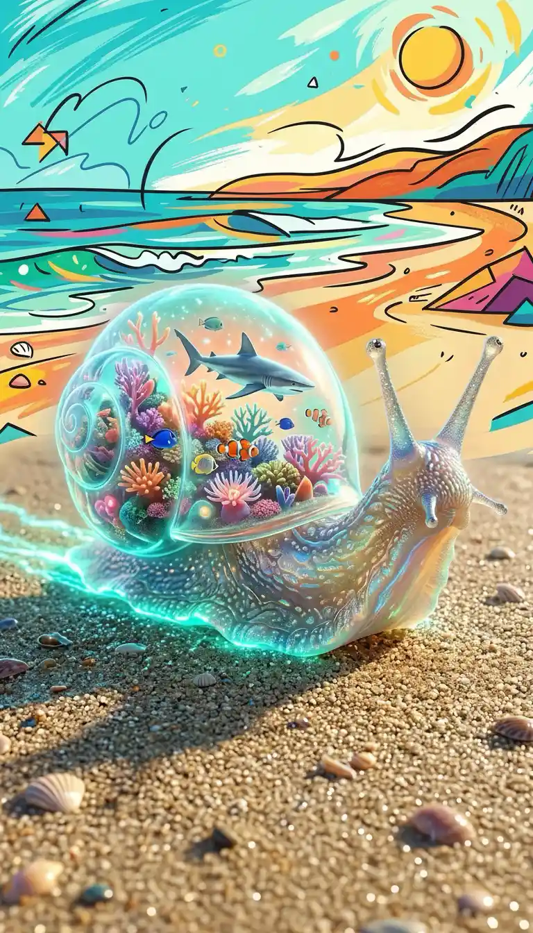 Magical 3D snail with glowing coral reef shell