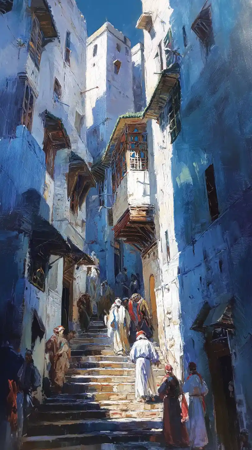 Dramatic Low Angle Gouache Of An Algerian Casbah Street