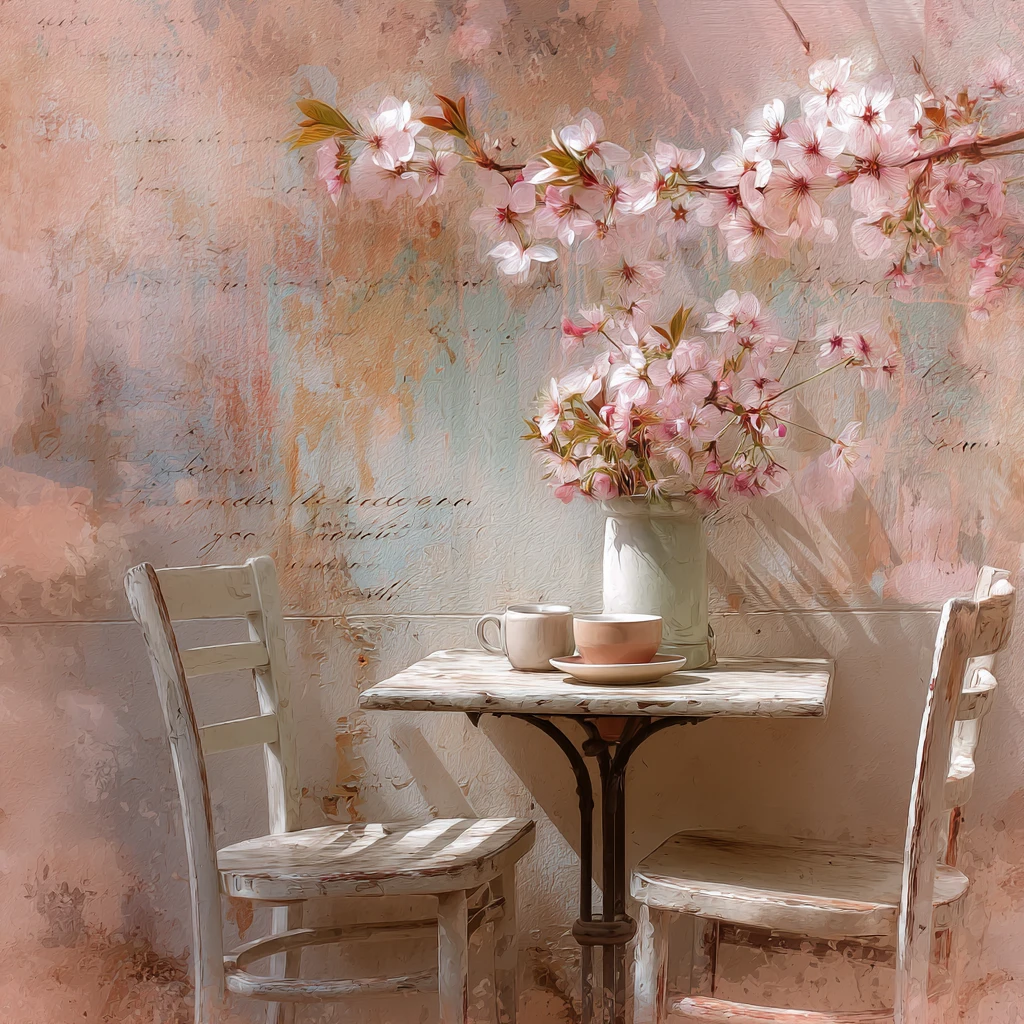 Romantico tavolino di caffè francese sotto delicati fiori di ciliegio rosa