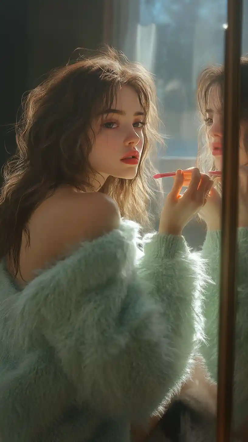 Young woman applying lipstick by a sunlit mirror