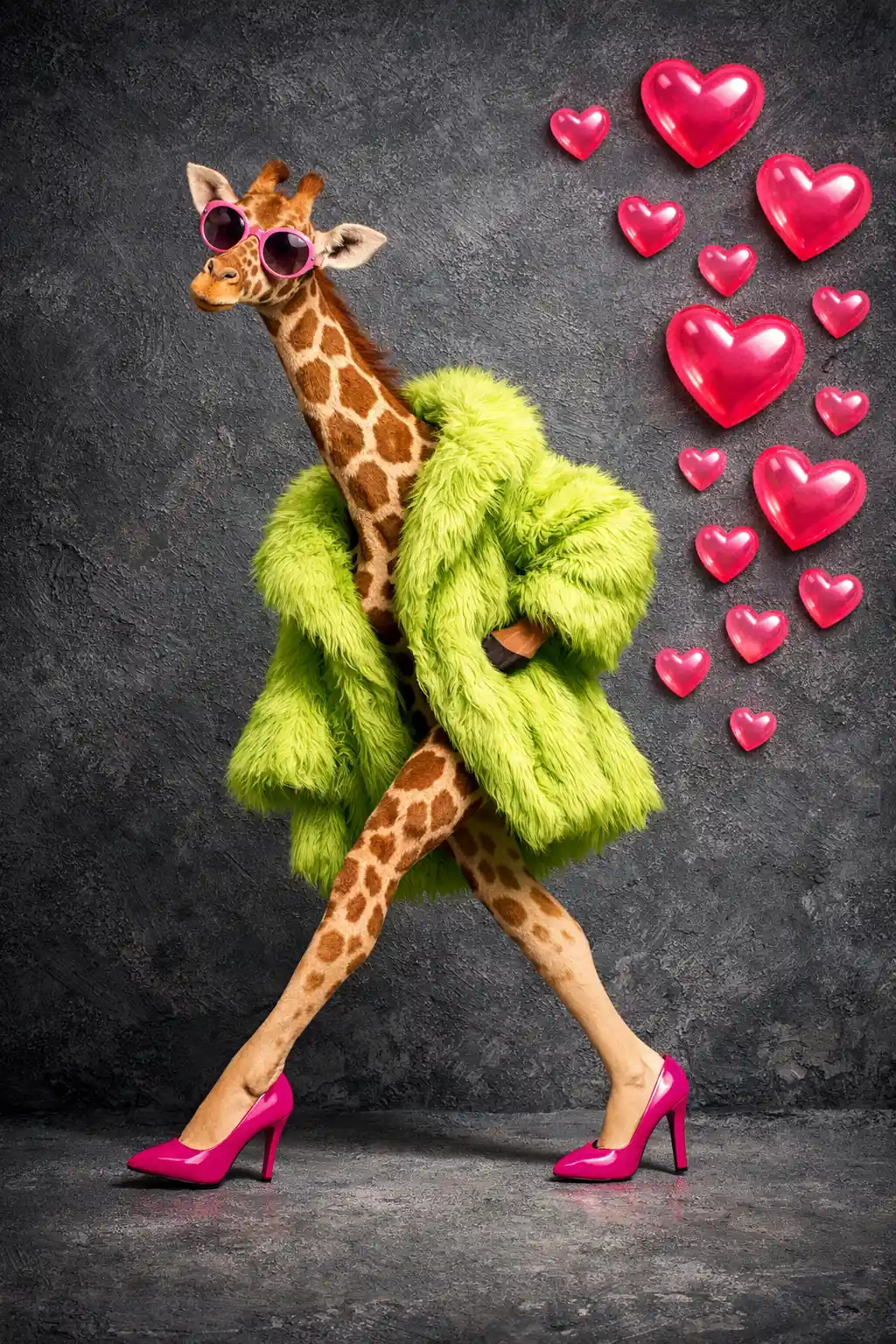 Modische Giraffe im grünen Fellmantel mit pinken Herzen