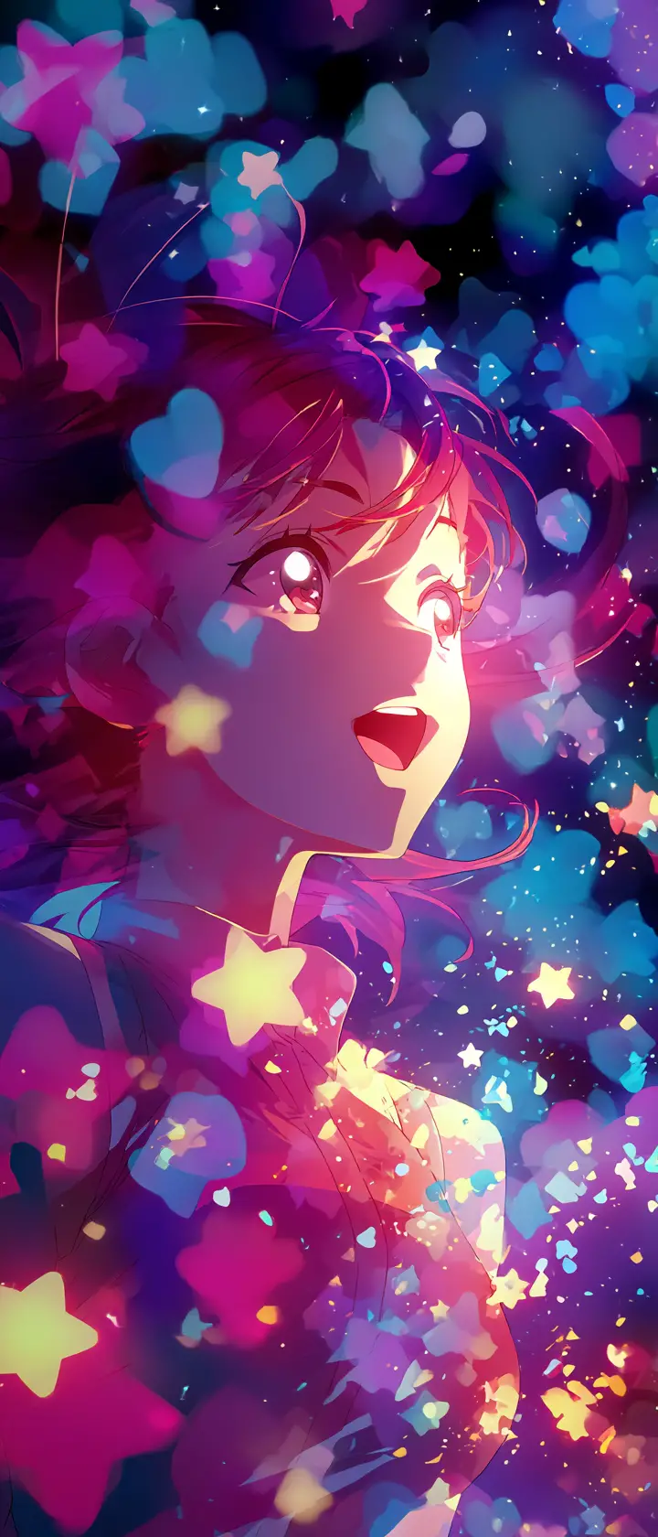 Ídolo de anime guiñando en el escenario bajo un cielo estrellado radiante