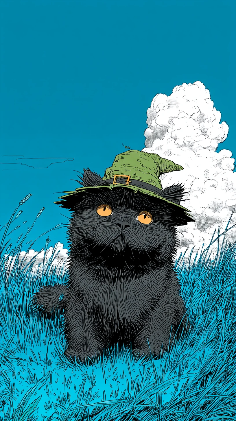 Süße schwarze Katze mit Hexenhut auf blauem Himmelsfeld
