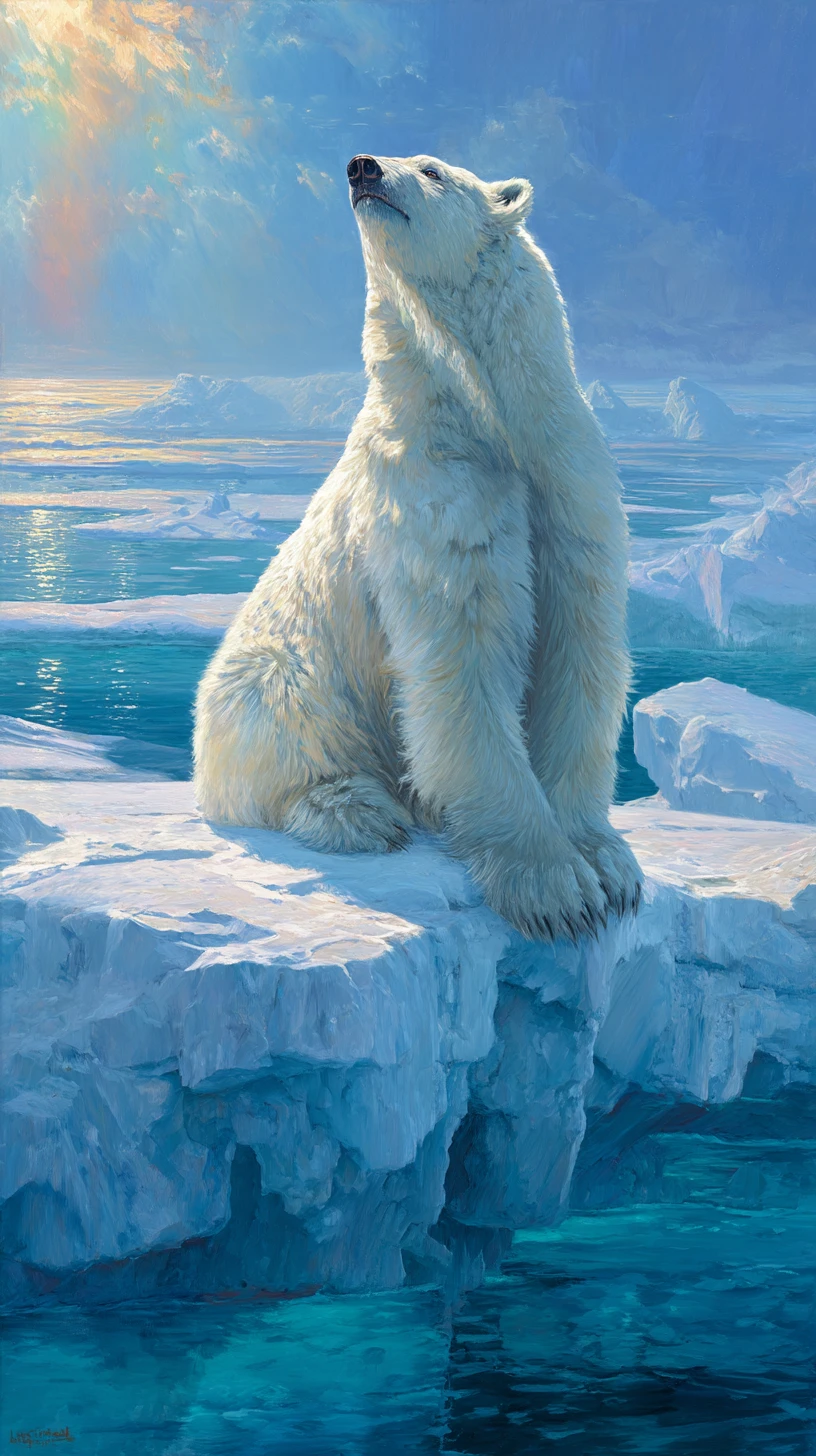 Urso-polar majestoso em pé sobre o gelo do Ártico sob um arco-íris