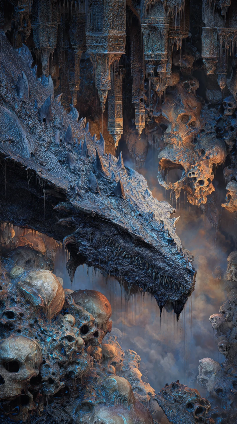 Dragão antigo pairando em uma caverna arruinada de eclipse lunar
