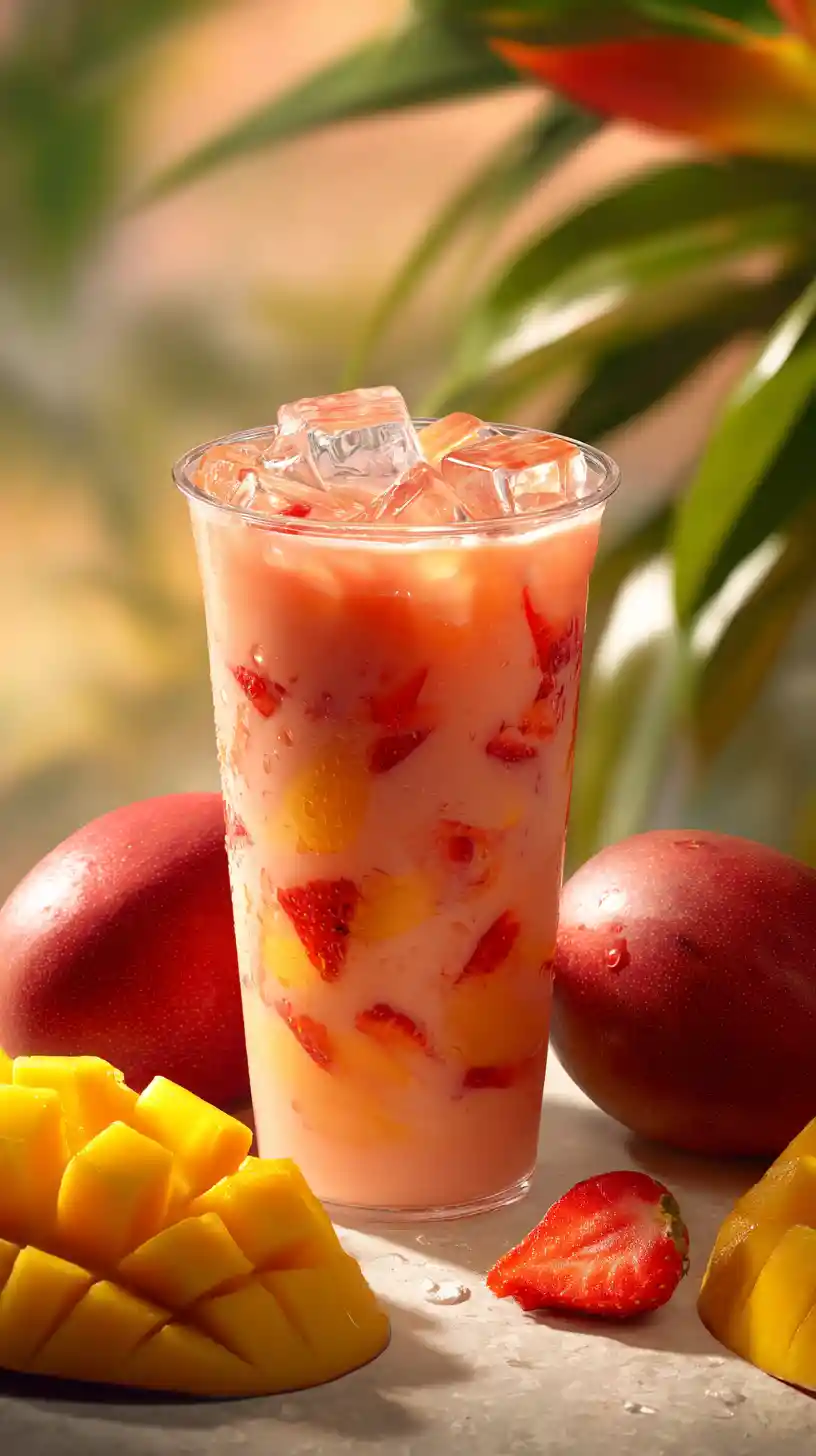 Tropical iced fruit drink with strawberries and mangoes