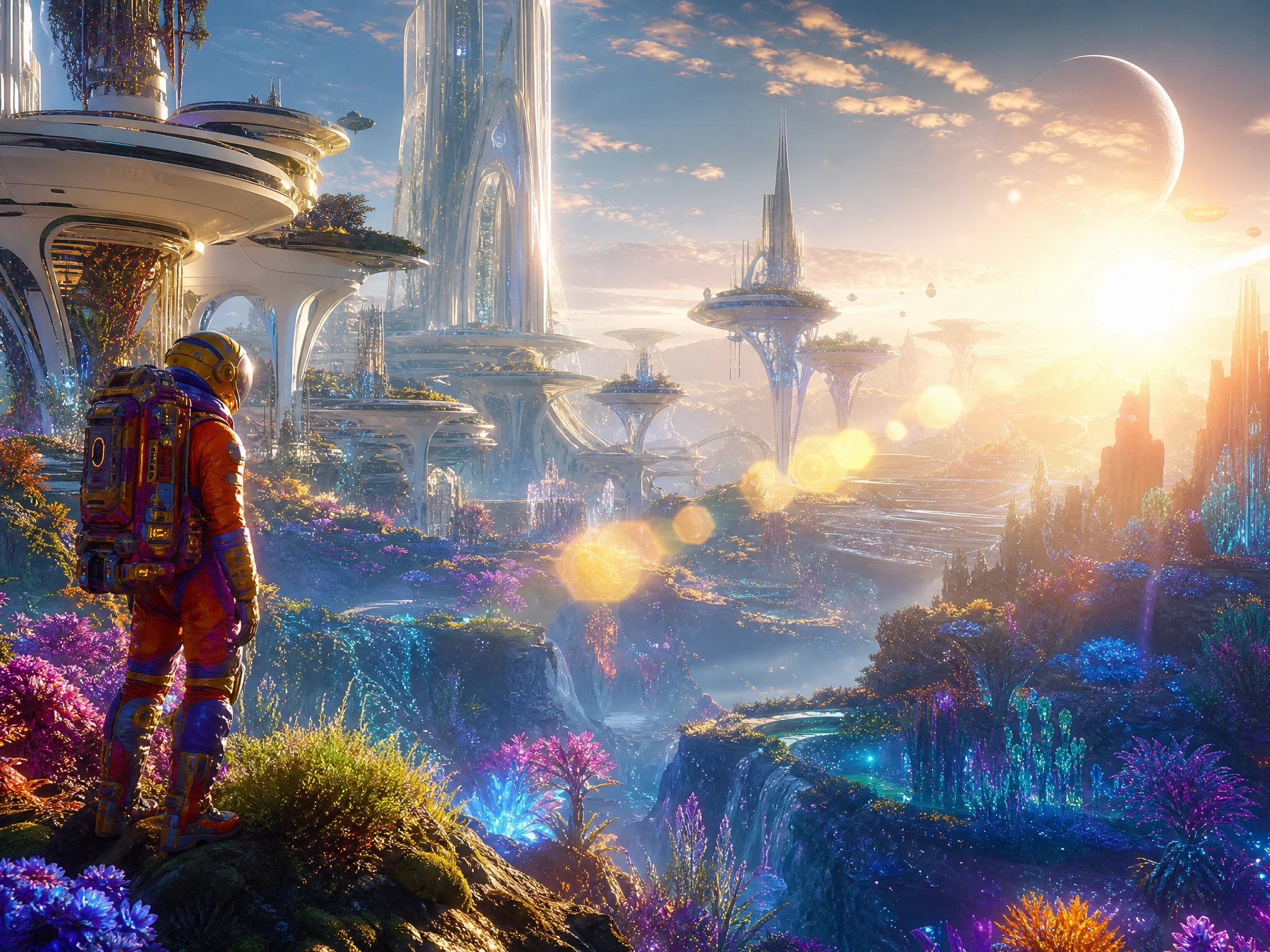 Cosmonaut Exploring A Luminous Futuristic Colony On Alien World