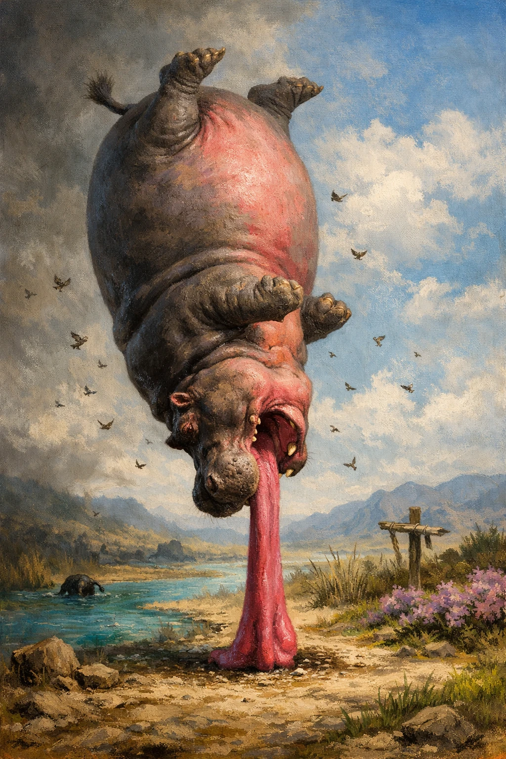 Surreal painting of a giant upside down hippopotamus