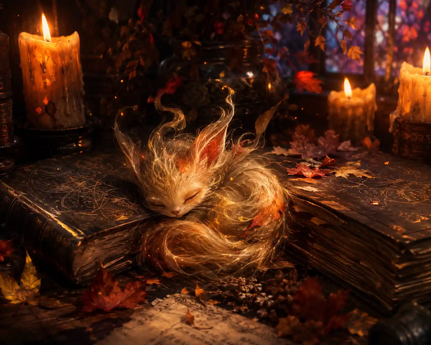 Small mystical creature resting between old spellbooks