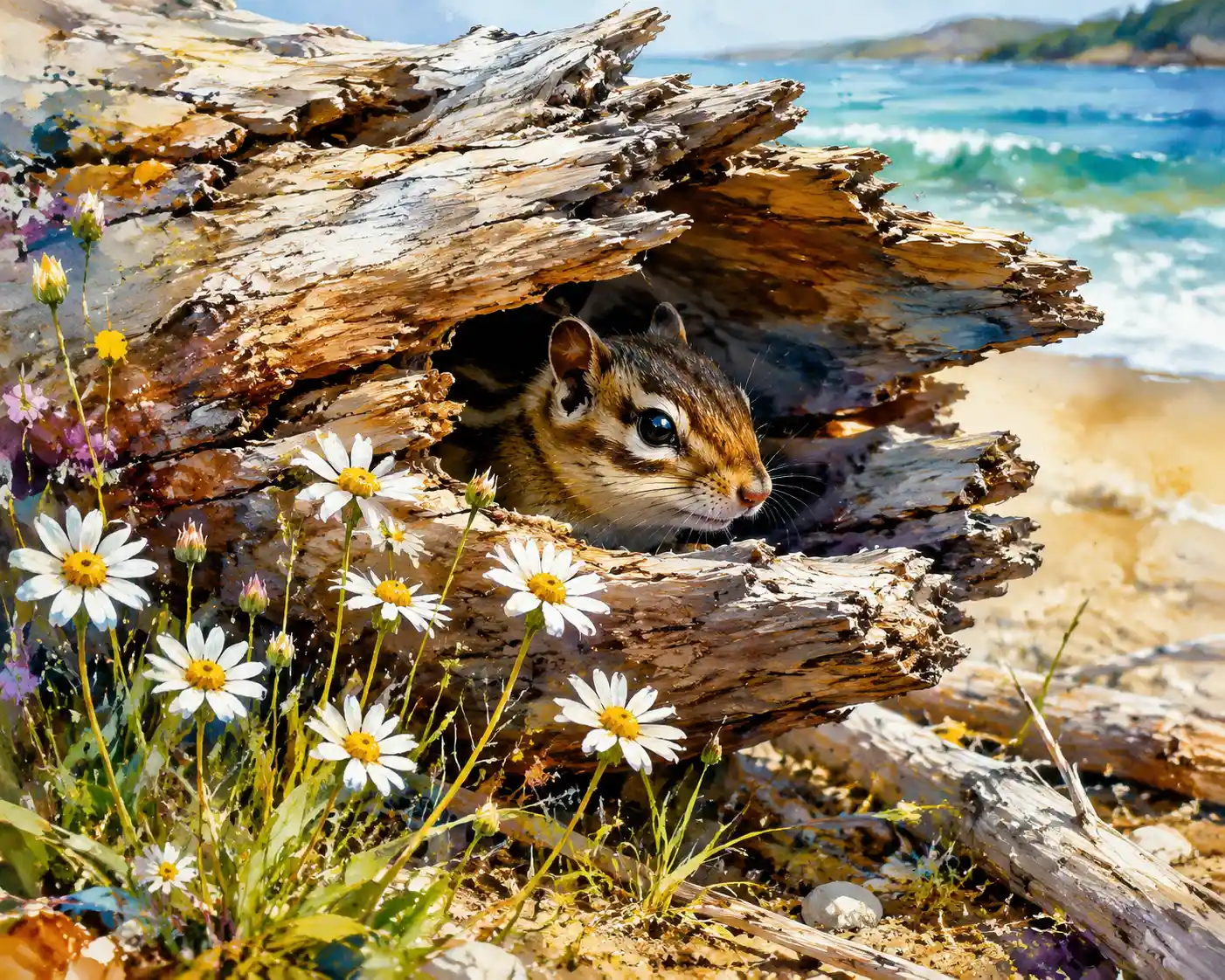 Chipmunk Hidden In Driftwood With Daisies On Beach