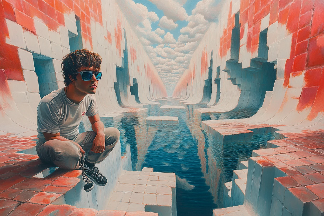 Surreal optical illusion scene with multiple overlapping images