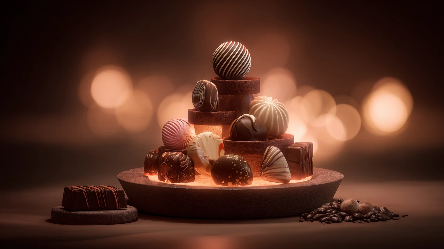 暖柔光線下展示架上的精緻巧克力綜合禮盒