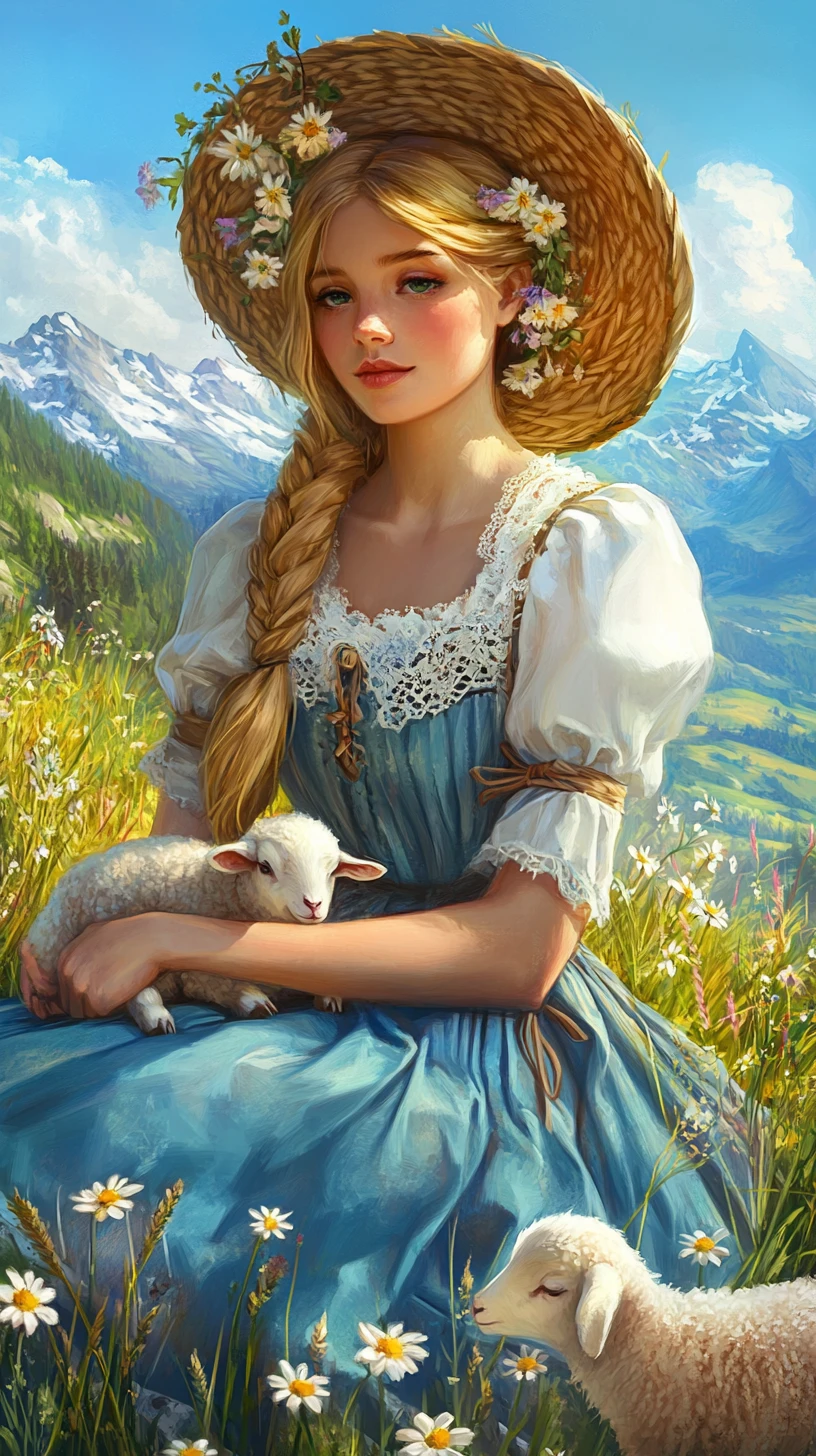 Young woman in dirndl with lamb on alpine meadow