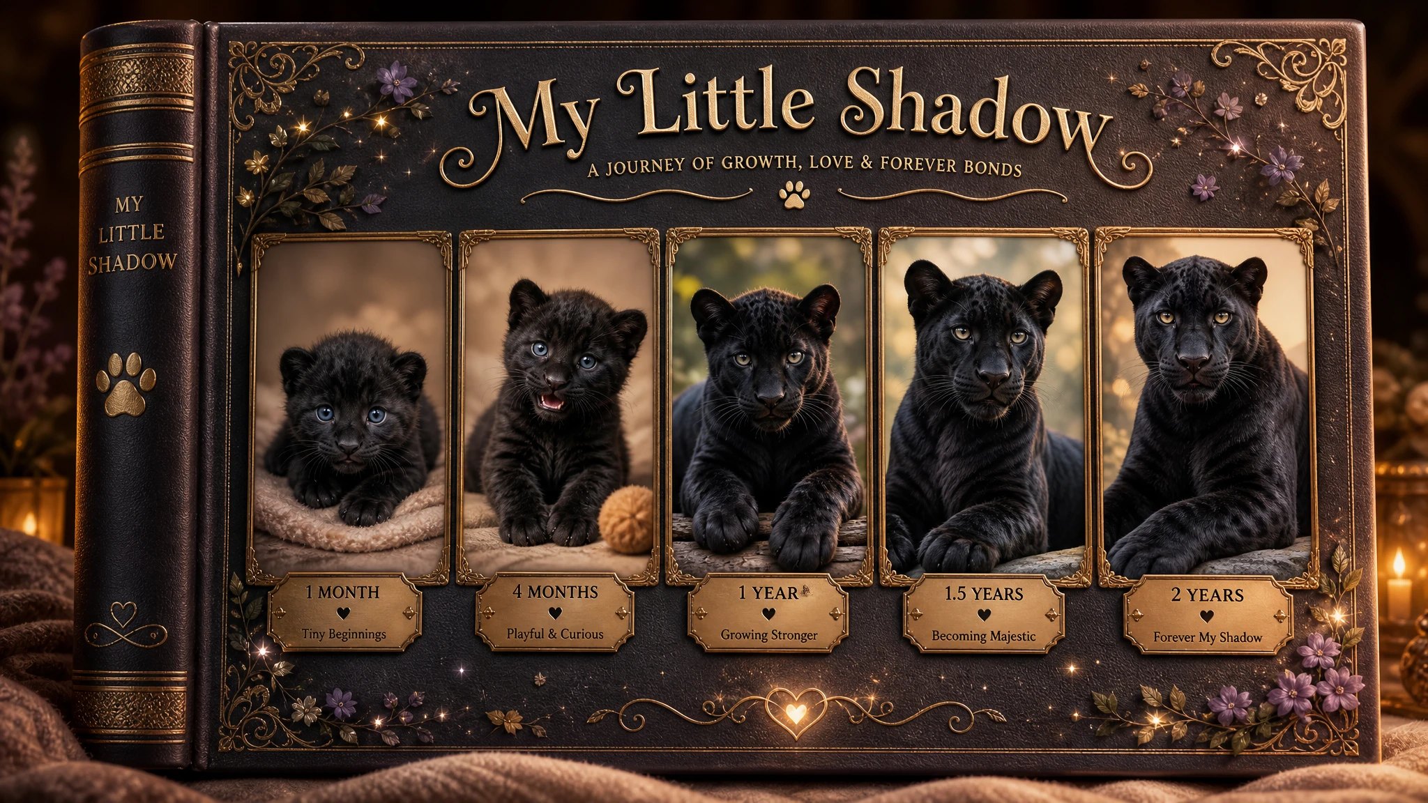 Adorable panthère noire grandissant sur une couverture d’album photo