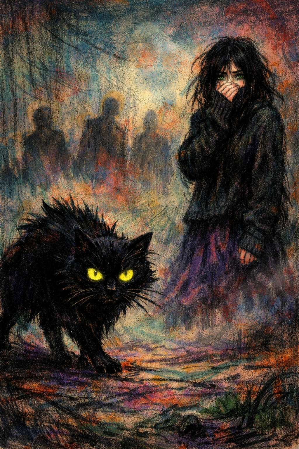 Donna e gatto nero in inquietante disegno nebbioso