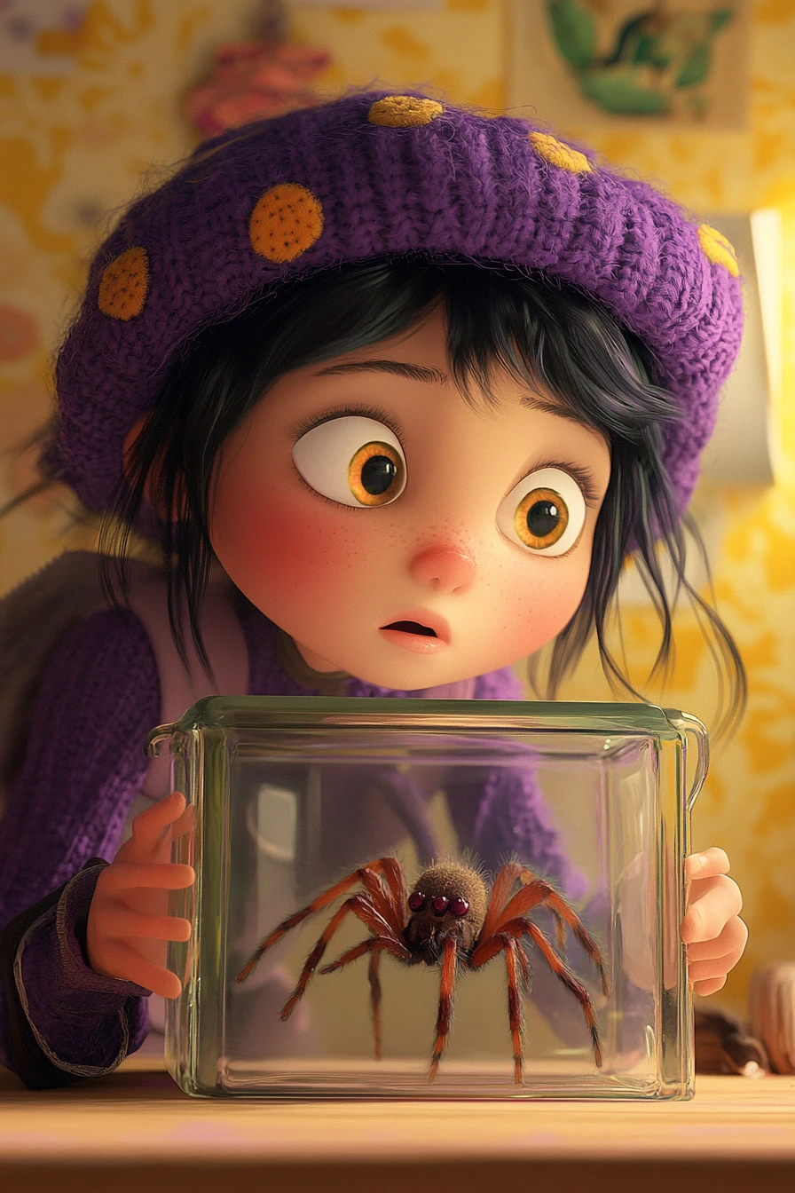 Menina observando uma tarântula em um recipiente de vidro