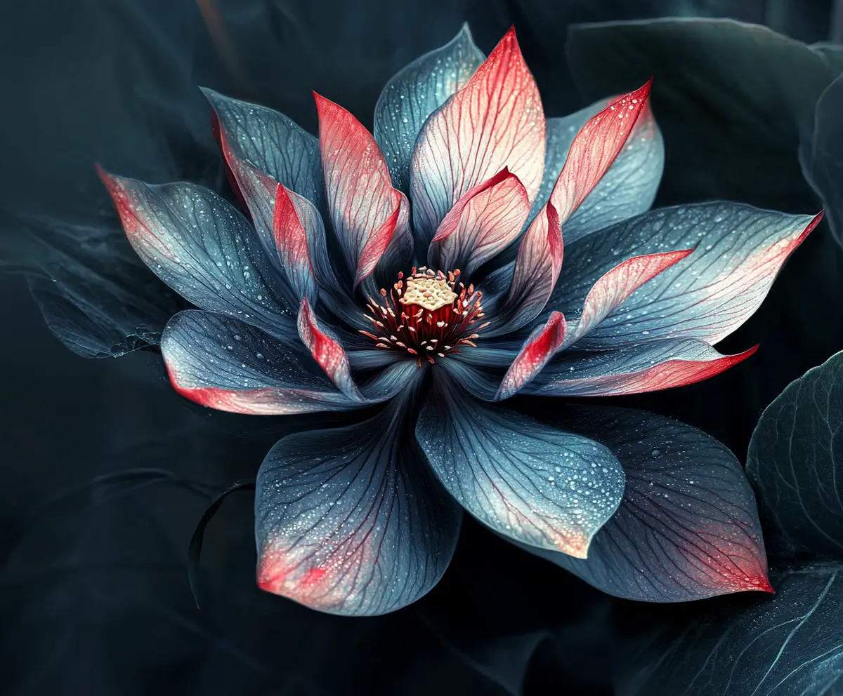 Surreale Illusion einer exotischen Blume mit verborgenen Szenen