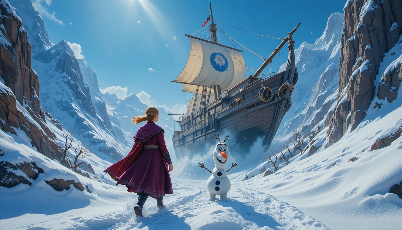 Mutiges junges Mädchen überquert verschneite Fantasy-Berglandschaft