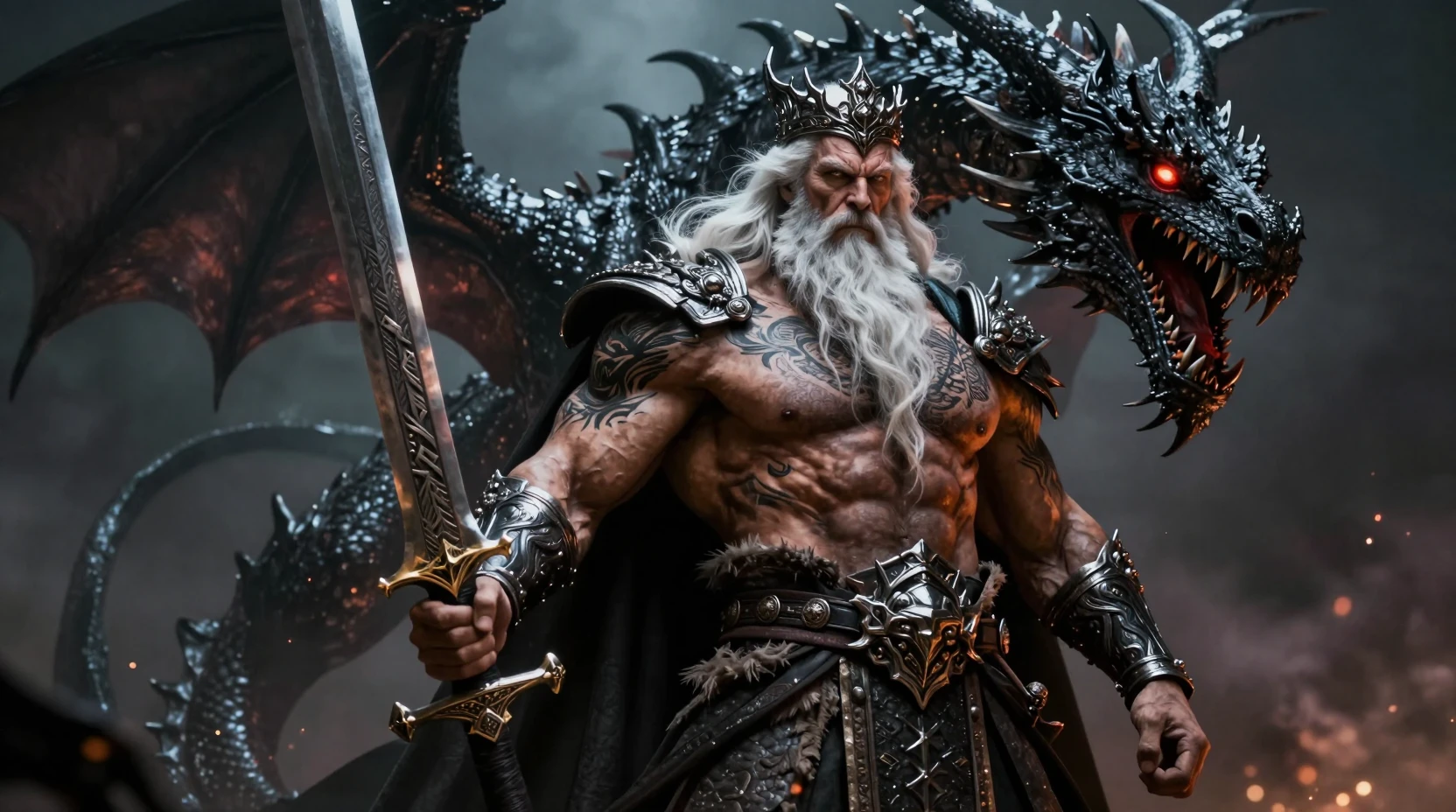 Muskulöser weißhaariger Fantasy-König mit bedrohlichem schwarzem Drachen