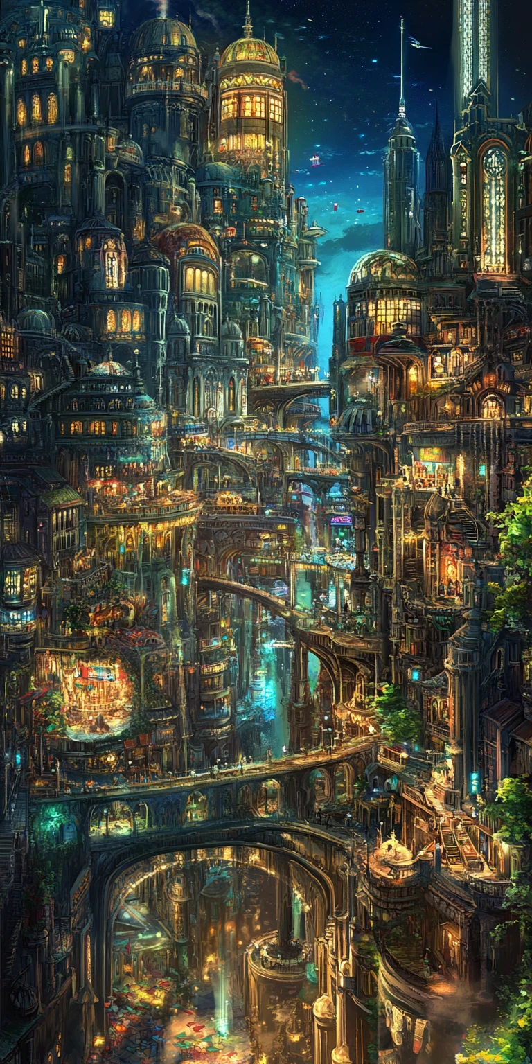 Paysage urbain surréaliste et kaléidoscopique de rues sinueuses et de tours