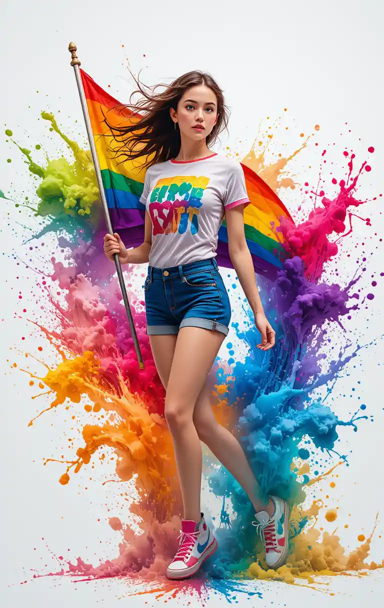 Italienisches Mädchen mit Farbspritzern in Regenbogenfarben und wehender Pride-Flagge