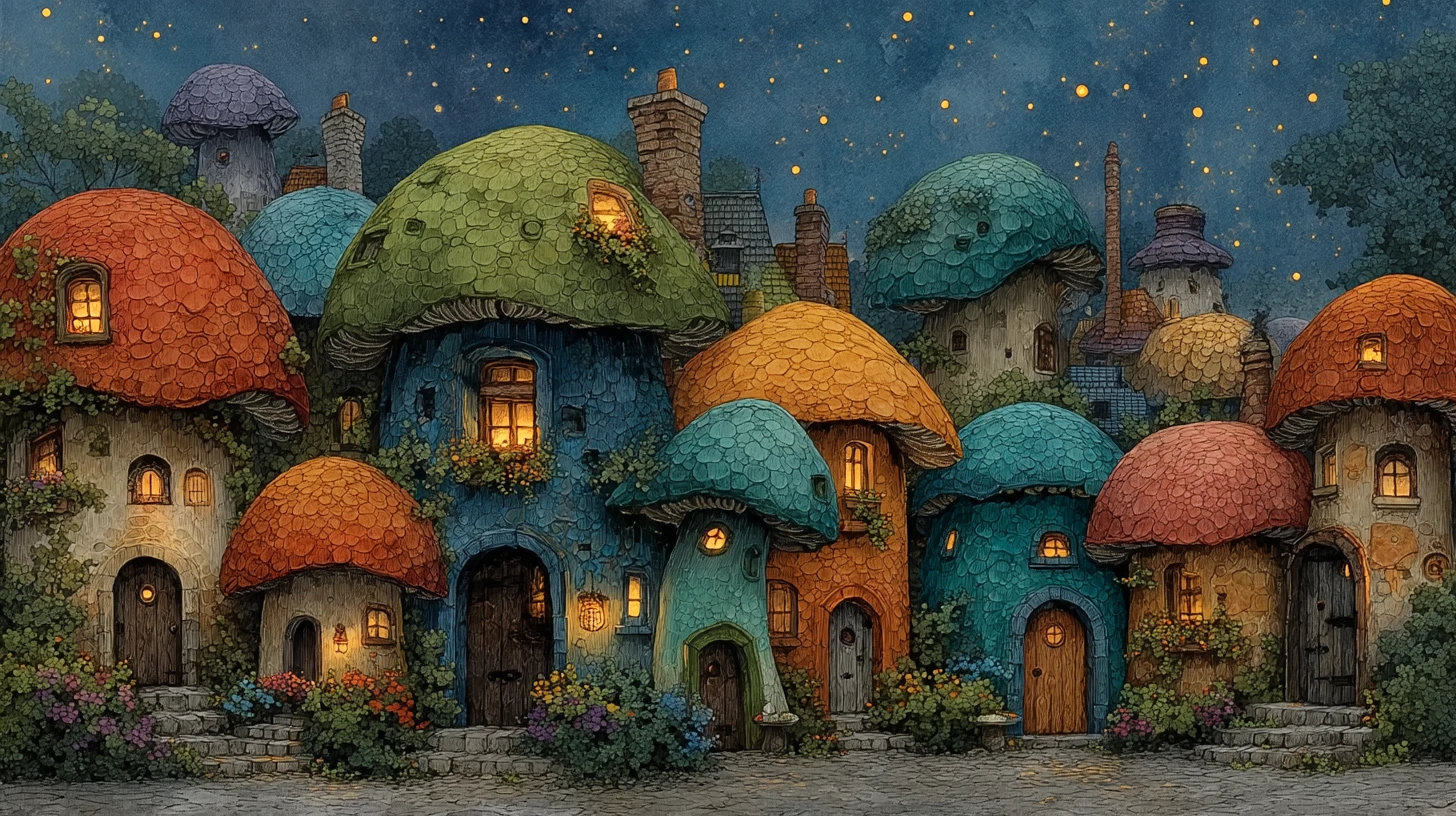 Whimsical Mushroom Village Glowing Softly At Twilight
