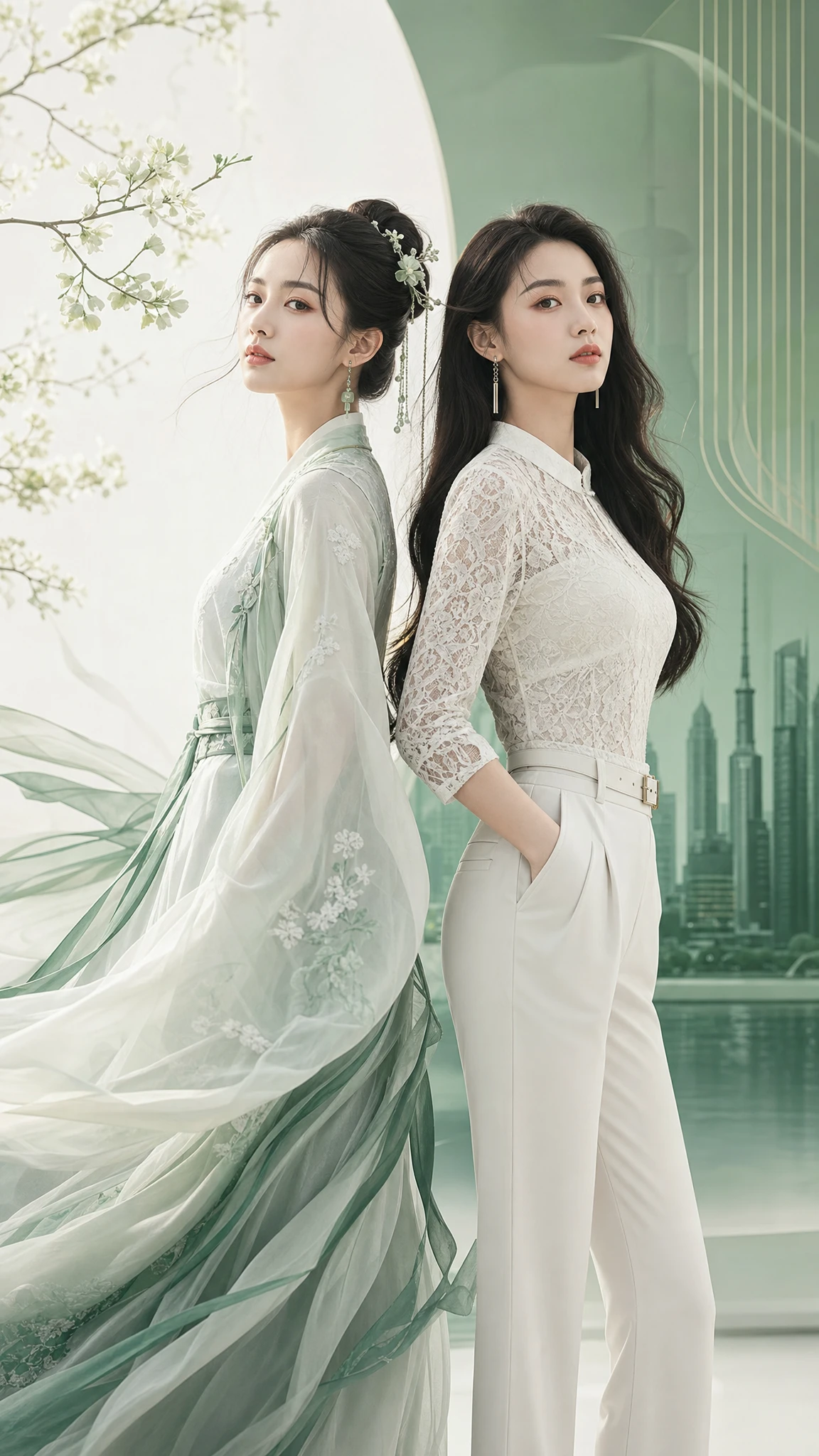 Femmes jumelles en mode moderne et art hanfu traditionnel