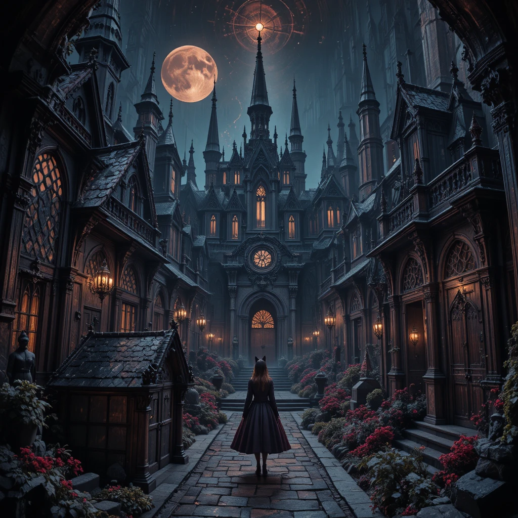 Alice vagando por uma sombria cidade gótica do País das Maravilhas