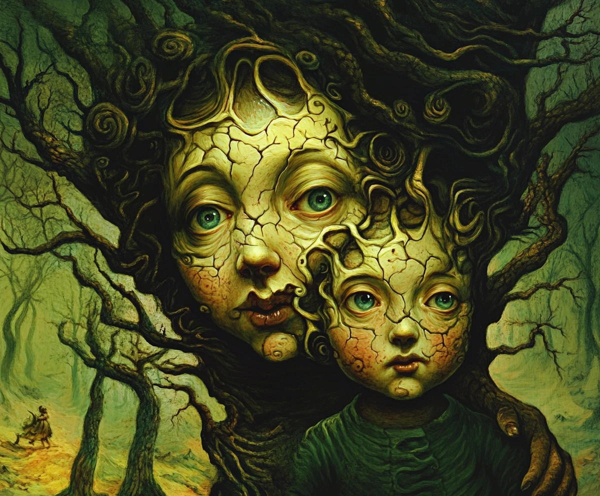 母與孩子在流變形態中的超現實幻象