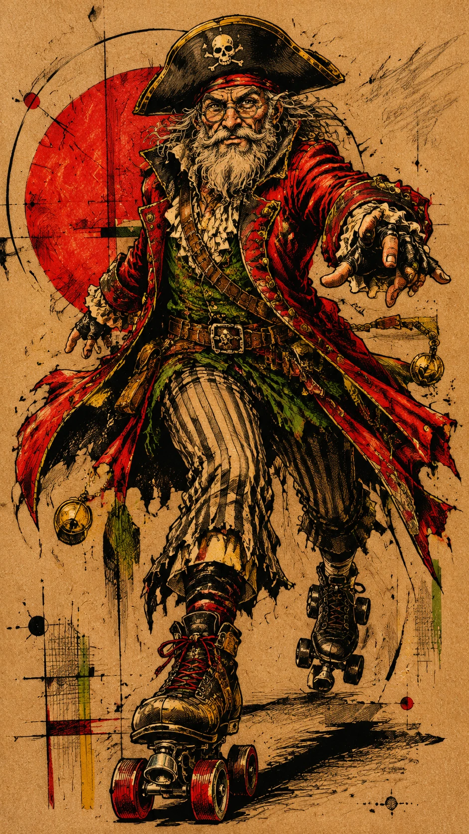 Pirate dynamique en mouvement esquissé sur papier kraft