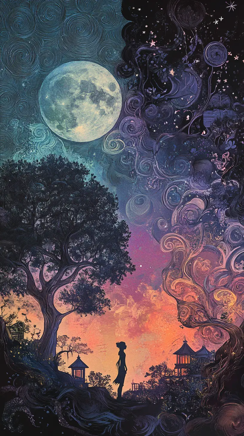 Créature mythique dans un paysage fantastique tourbillonnant au clair de lune
