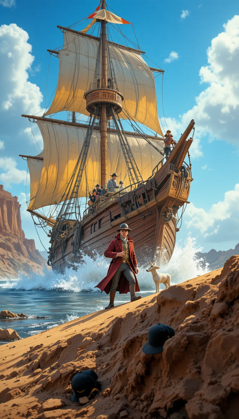 Navio à vela The Unicorn em estilo Pixar no mar aberto
